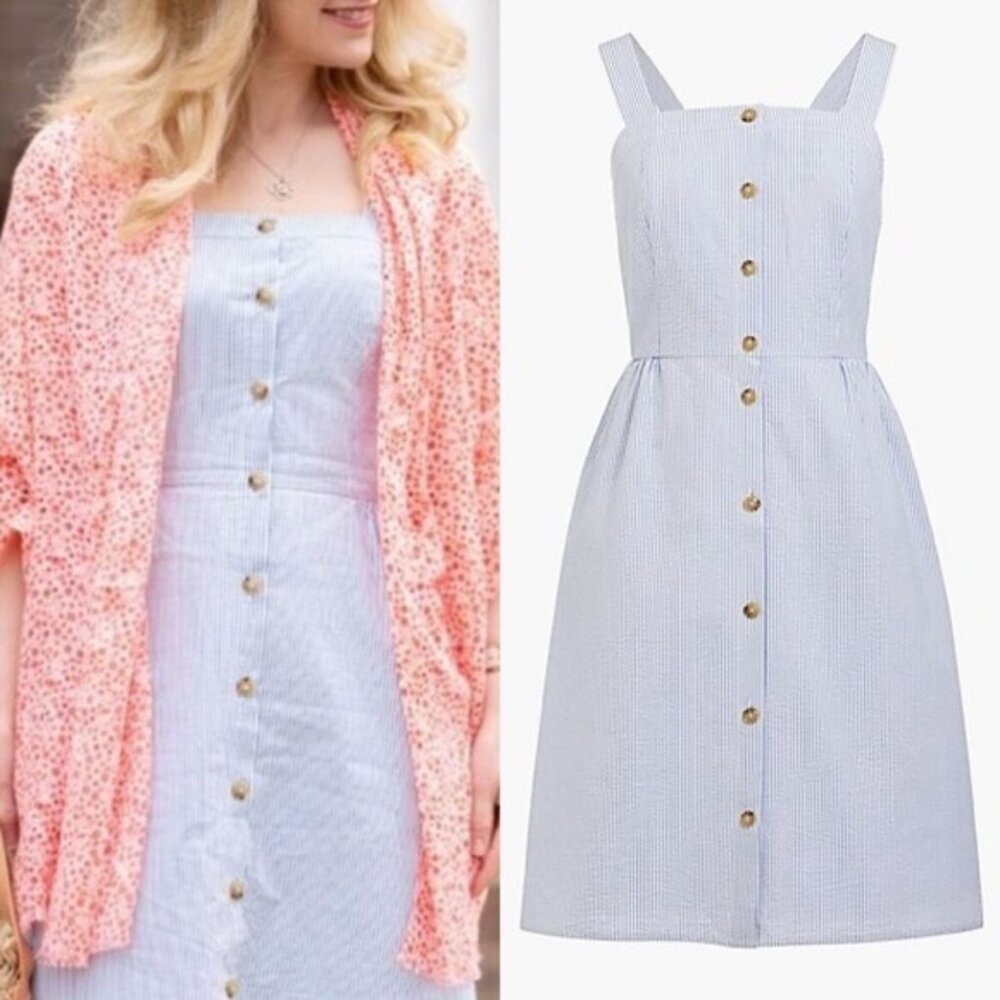 J. Crew Button Front Blue White Striped Seersucker‎ Dress Size 0